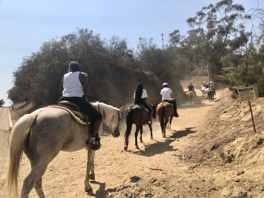 A line of horses with people riding trek up a dusty trail up-hill. 