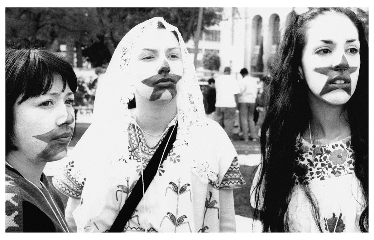 Patricia Valencia, Felicia Montes, and Martina Estrada Melendez at the National Day of Protest Against the Massacre in Chiapas, Los Angeles, January 2, 1998. Photo by Arnoldo Vargas. Courtesy of Arnoldo Vargas Regeneracion