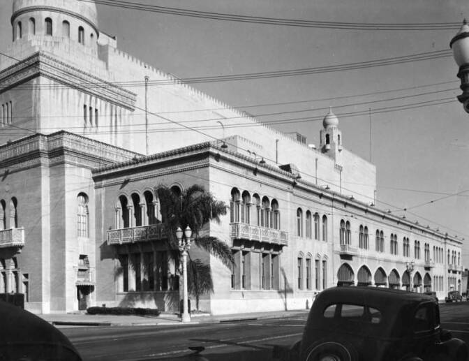 Shrine Civic Auditorium exterior, 1939 | Works Progress Administration Collection, Los Angeles Public Library
