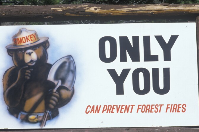A picture of Smokey Bear on a sign that reads "Only you can prevent forest fires"