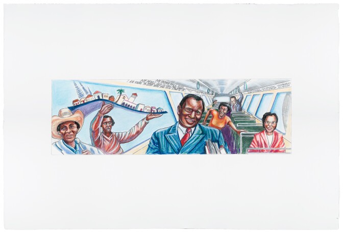 The final coloration of Judy Baca's "The Great Wall of Los Angeles 1950: Forebearers of Civil Rights" depicts prominent civil rights leaders and activists like Paul Robeson, Rosa Parks, Gwendolyn Brooks, Ralph Bunche and Martin Luther King, Jr rising from their bus seats.