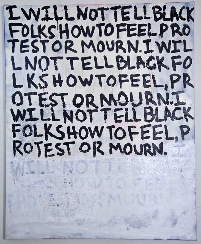 Cody Bayne, "Repeat After Me," 2016/2020. Bayne painted this piece on top of a previous work made from materials collected at a Black Lives Matter march in 2016. | Courtesy of the artist.