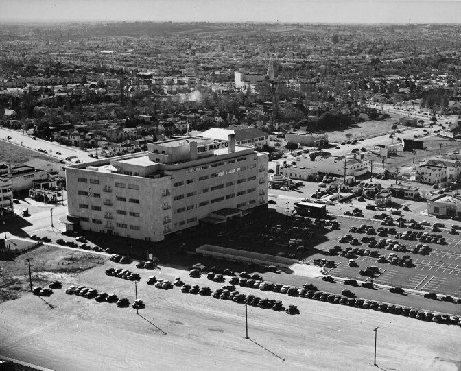 1940 Aerial view of the recently finished May Company at Wilshire and Fairfax. Note the expansive parking lot behind the department store.