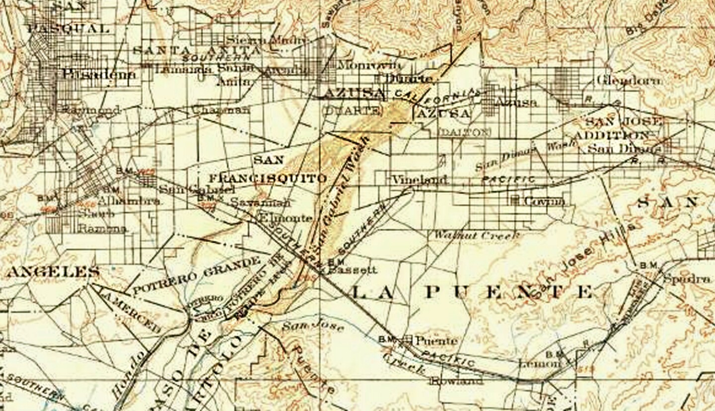 Map of the San Gabriel Wash in 1900 courtesy of the US Geological Survey Historical Topographic Maps