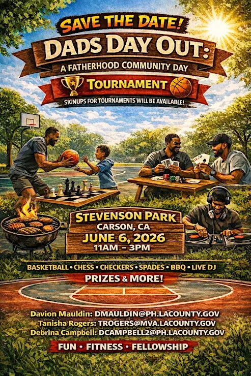 Dad’s Day Out: A Black Fatherhood Community Day, event flyer with event information and images of fathers playing cards, chess, basketball and listening to music 