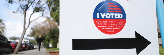 A sign reads 'I Voted' during early voting for the California presidential primary election outside an L.A. County 'vote center' on March 1, 2020 in Los Angeles, California. | Mario Tama/Getty Images