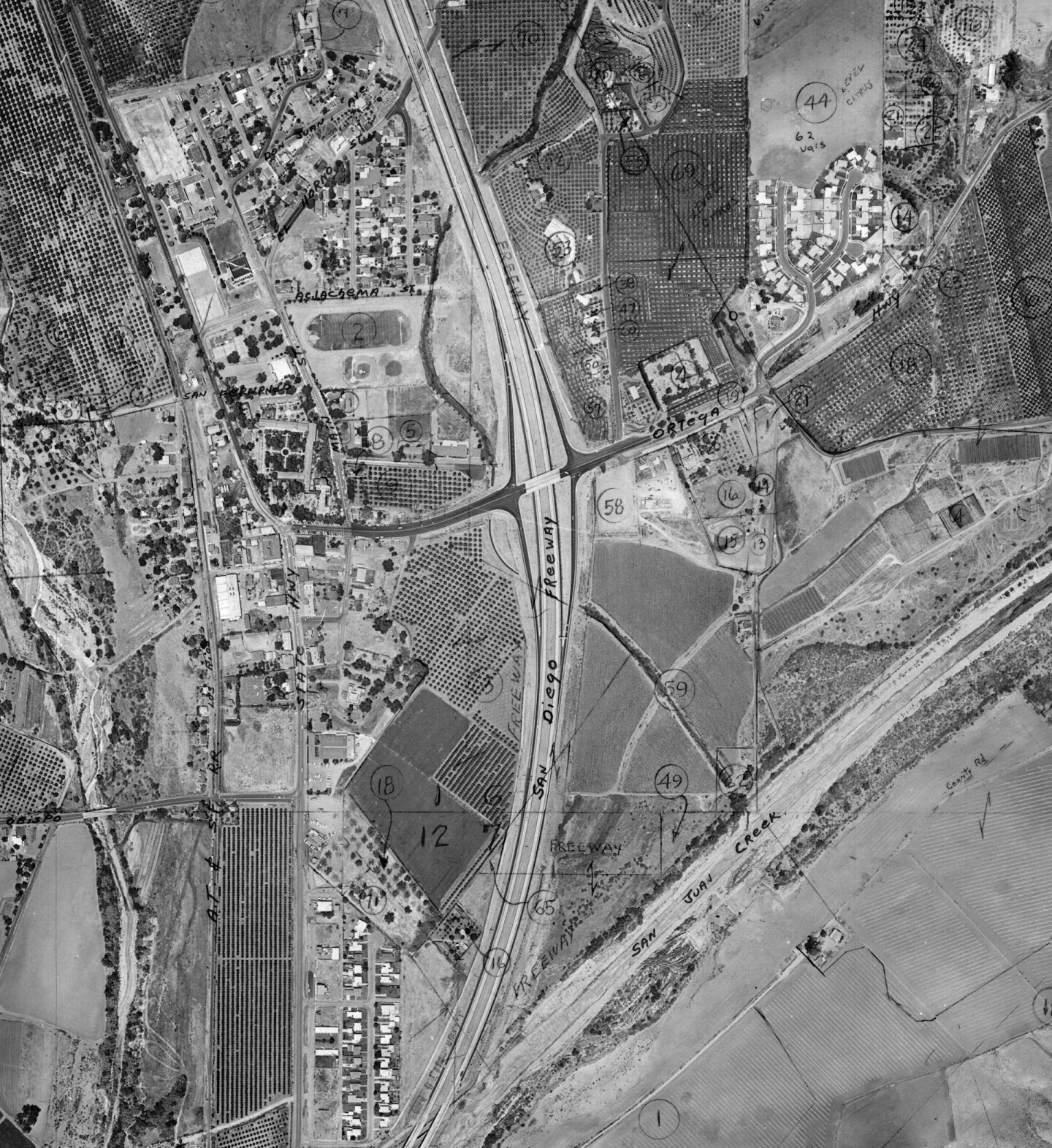 Aerial shot of the San Diego Freeway (I-5) through San Juan Capistrano