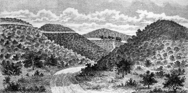 An early drawing of the Cahuenga Pass. Courtesy of the Photo Collection - Los Angeles Public Library.