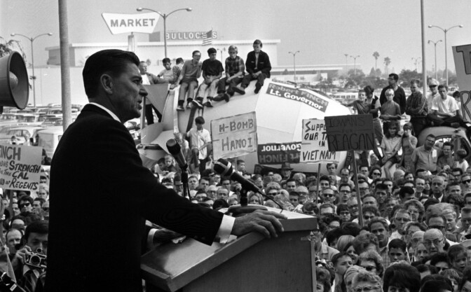 Ronald Reagan speaking to crowd during gubernatorial campaign stop in Lakewood, Calif., 1966