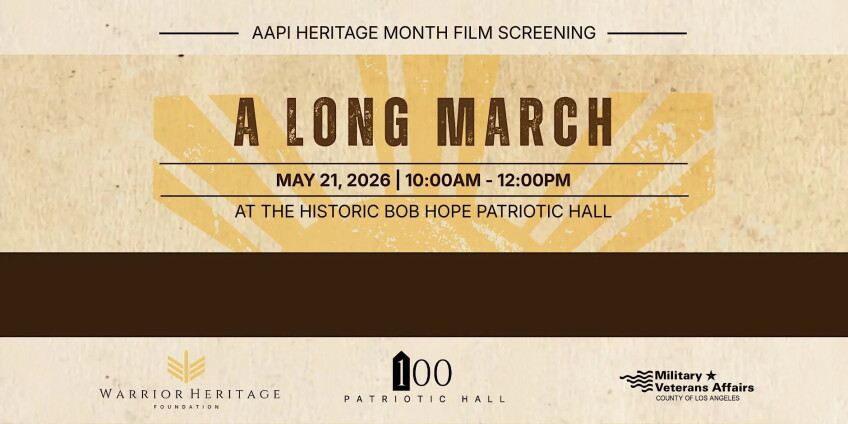 AAPI Heritage Month Film Screening: A Long March, brown infographic with event information 