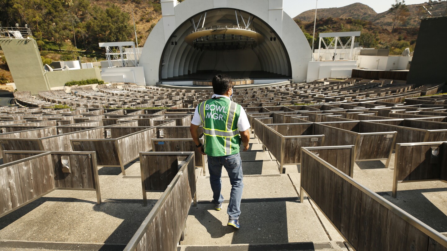 The Hollywood Bowl has been transformed into a drive-thru food distribution on Thursdays in a season when the concerts are canceled due to the COVID-19 pandemic.