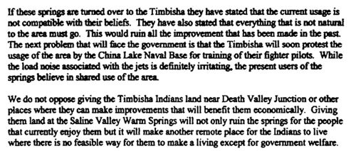 Portion of a private citizen's comment on the Timbisha Shoshone Homeland LEIS