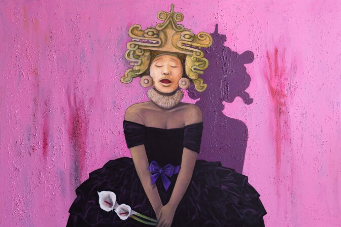 A painting of a woman with daffodils and dressed in an elaborate dress with Aztec features.