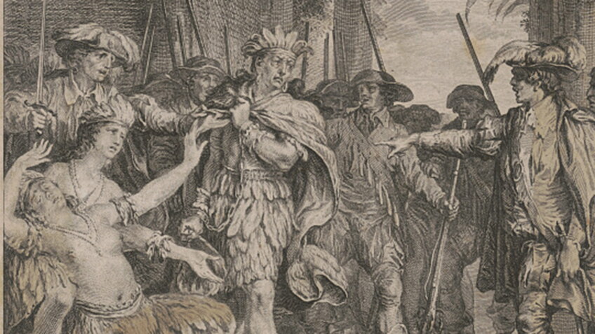 Drawing of soldiers taking away the Incan Emperor Atahualpa.