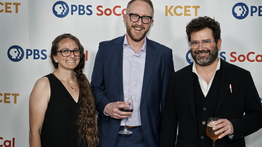 (Left to Right) KCET Producer Angela Boisvert, LOST LA Host Nathan Masters and KCET CCO Juan Devis arrive at KCET’s LOST LA event at Angeleno Wine Company on Mar. 29, 2022. Photo courtesy of KCET.