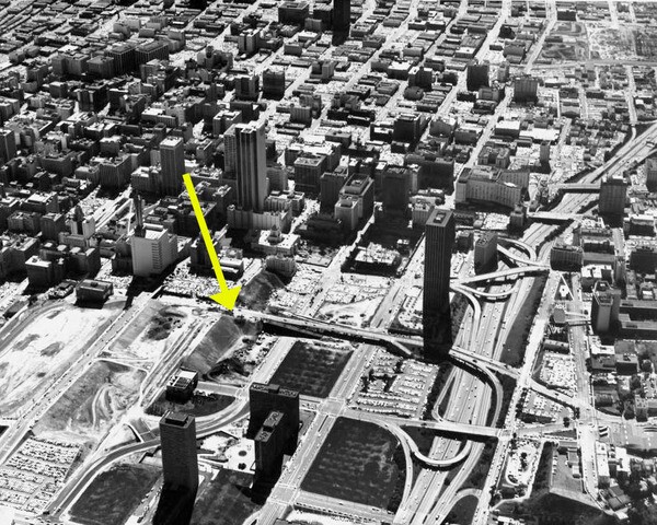 An aerial view of Bunker Hill in 1970, shortly after Oliver's house was demolished. Courtesy of the USC Libraries - Dick Whittington Photography Collection.