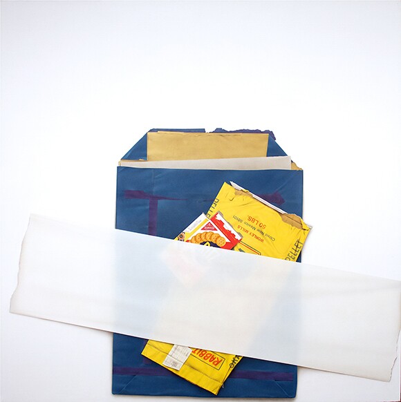 Paul Sarkisian, Untitled (Blue Package), 1978, Acrylic on canvas, 71 ½ x 71 ½ inches | Courtesy of the artist, Photo courtesy of Sarkisian Studio