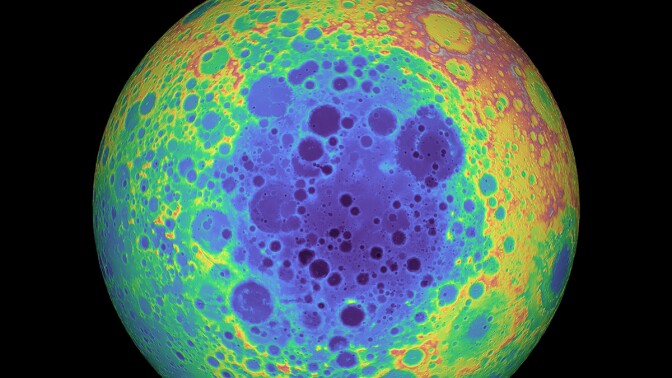 The South Pole-Aitken basin, shown in blue. | NASA/Goddard Space Flight Center/University of Arizona