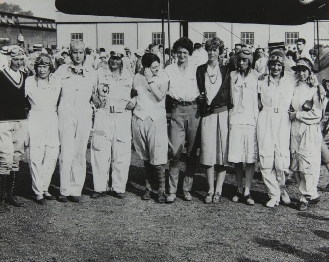 A handful of the female aviators who competed in the first women’s transcontinental air derby which began in Santa Monica on August 18, 1929. Amelia Earhart is fourth from the right. Louise Thaden, who won the 2700-mile race, is fifth from the right.