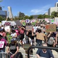 Abortion-rights protesters participate in the "Bans Off Our Bodies" reproductive rights rally at Los Angeles City Hall on May 14, 2022.