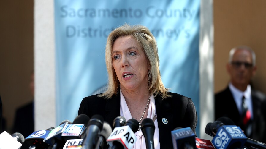 Sacramento district attorney Anne Marie Schubert speaks at a news conference in Sacramento, California.