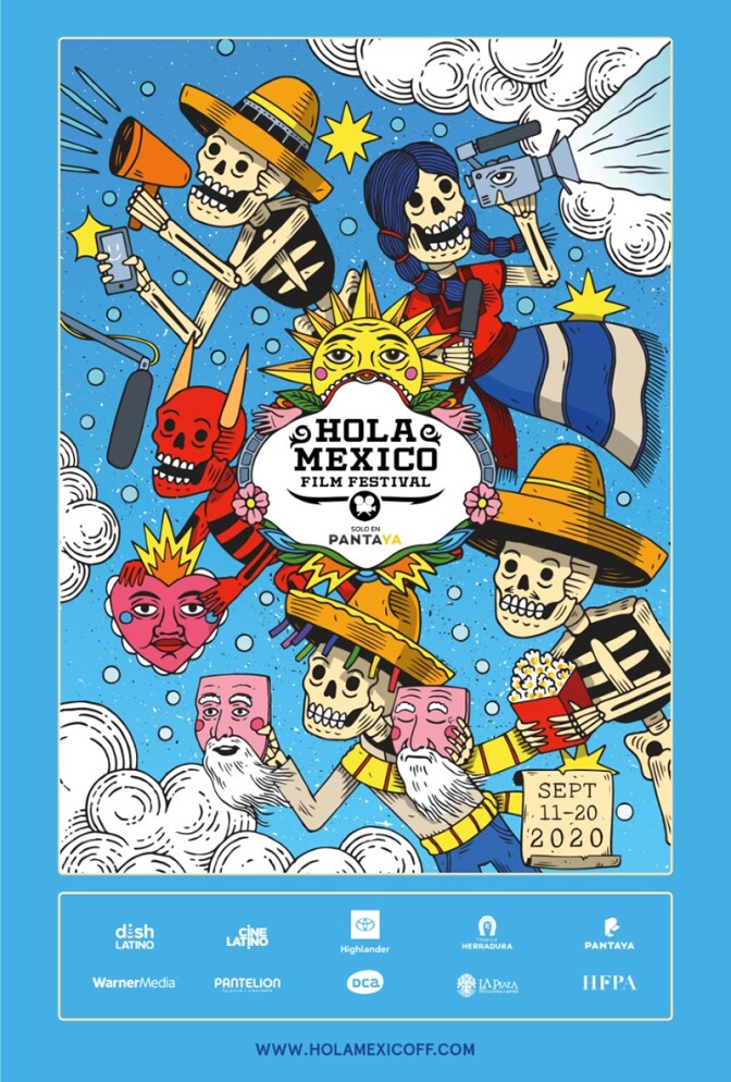 The Hola Mexico film festival poster for 2020 by Mauricio Groenewold González features skeletons holding film gear | Courtesy of Hola Mexico
