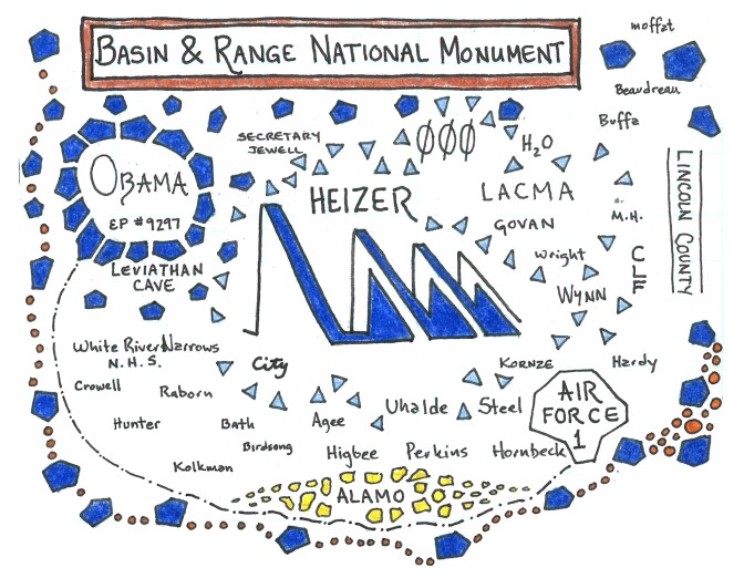 The "Basin and Range National Monument" panel represents what it took to protect the area where artist Michael Heizer's ‘City’ installation was built. | Illustrated by Kai Anderson