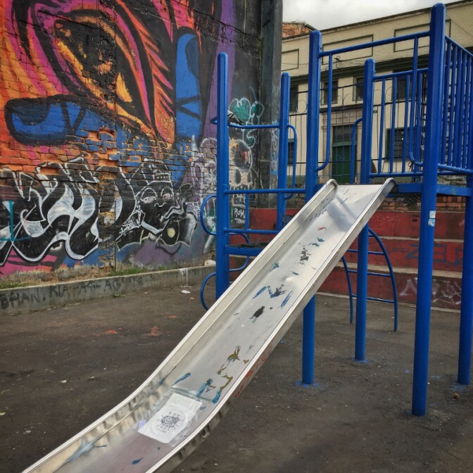 An embroidery left at a playground in Bogotá, Colombia, 2015. | Photo: Heather Johnson.