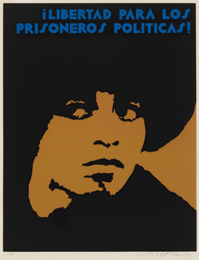 A graphic poster shows a screen print of a person in black ink on a brown-orange background. The person appears to have an afro and they're looking to the side. Across the top of the poster reads, "Libertad Para Los Prisoneros Políticas!"