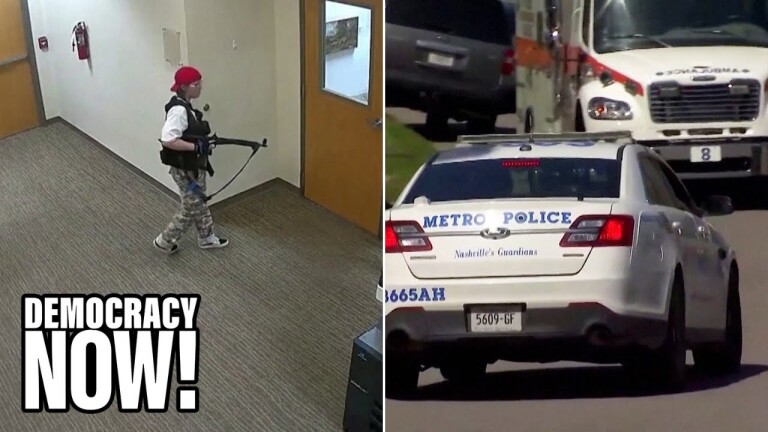 Image of the Nashville school shooter holding an assault rifle walking in an empty hallway in surveillance footage, and another image of a Nashville police car on the road with other vehicles.