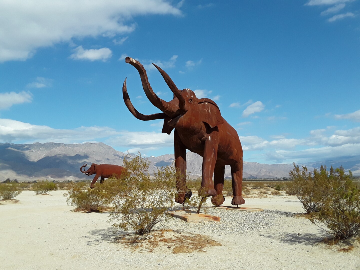 Two rust-colored elephant metal sculptures stand in the middle of a desert landscape.