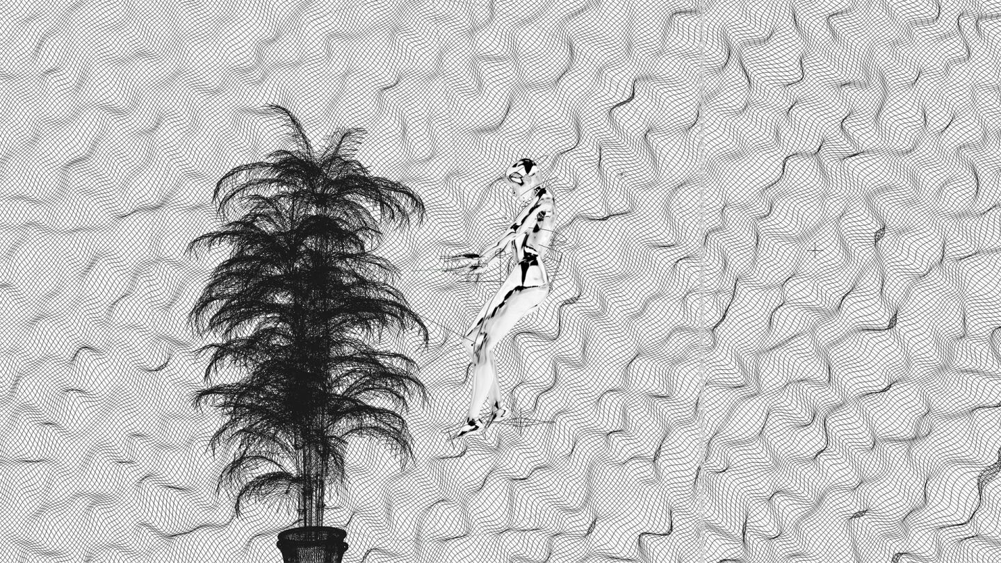 Still from Ash Koosha's "I Feel That" with a Tree and Human Figure