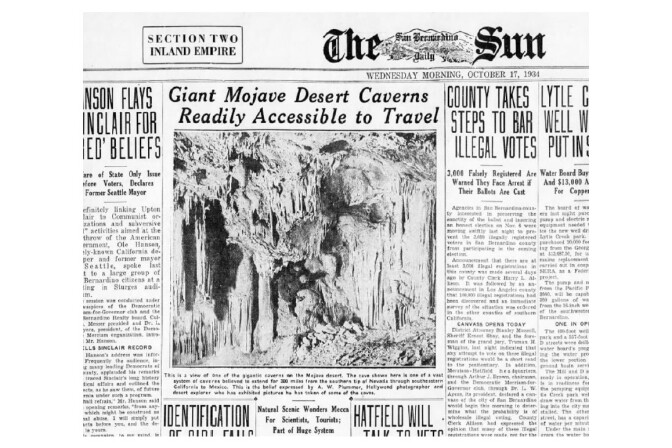 A.W. Plummer's photograph of the Mitchell Caverns appears in an October 17, 1934 article in the San Bernardino Sun proposing that the cavern is part of a vast subterranean system interconnecting the American Southwest. | Image courtesy Anna Garcia.