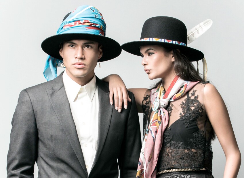 Models Martin Sensmeier and Jade Whillouby wear clothing from Los Angeles designer Bethany Yellowtail's B.Yellowtail line from spring 2015.