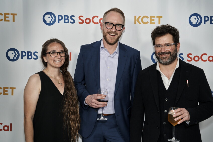 (Left to Right) KCET Producer Angela Boisvert, LOST LA Host Nathan Masters and KCET CCO Juan Devis arrive at KCET’s LOST LA event at Angeleno Wine Company on Mar. 29, 2022. Photo courtesy of KCET.