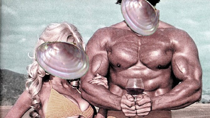 A collage of seashells and beach bodies. Part of Cooking Sections' Mussel Beach. | Courtesy of Current: L.A. Food