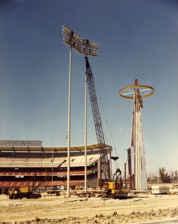Workers erect a light tower in Anaheim Stadium's outfield in early 1966. Courtesy of the Security Pacific National Bank Collection, Los Angeles Public Library.
