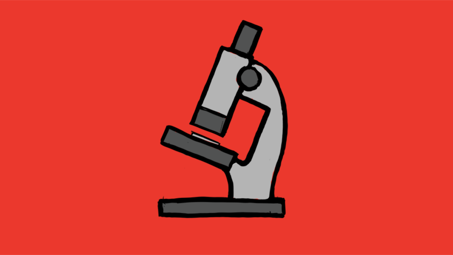 Cartoon microscope against a red background