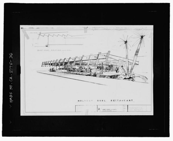 Photographic copy of reproduced sketch drawing of the Holiday Bowl coffee shop, dated 1956 | Library of Congress, Prints & Photographs Division, Historic American Buildings Survey