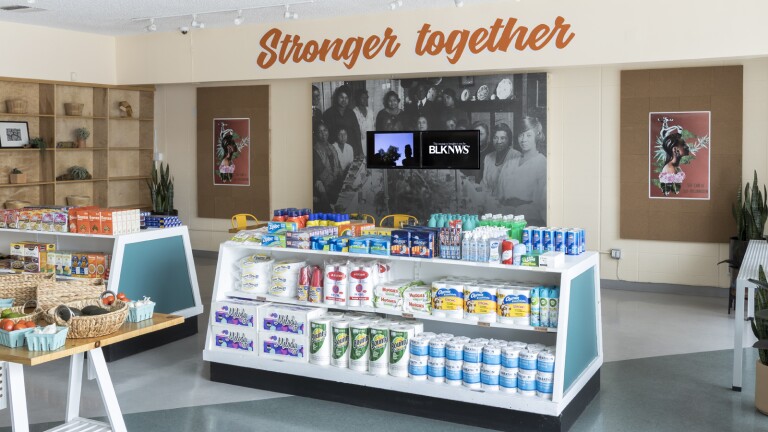 Kahlil Joseph, BLKNWS®, 2018-ongoing. Two-channel fugitive newscast. Courtesy of the artist. Installation view, "Made in L.A. 2020: a version," Hank’s Mini Market, Los Angeles. | Jeff McLane