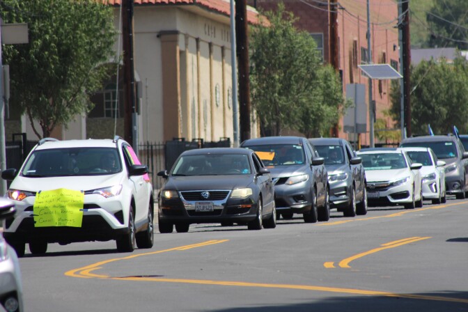 Line of cars at the rent relief protest in Los Angeles, May 1, 2020 | Karen Foshay