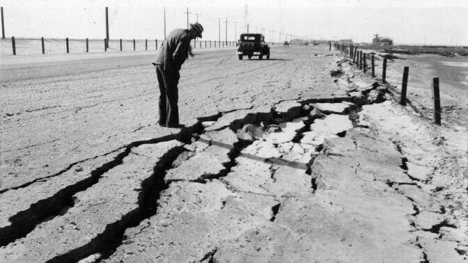 Cracks in roadway near Seal Beach after 1933 earthquake