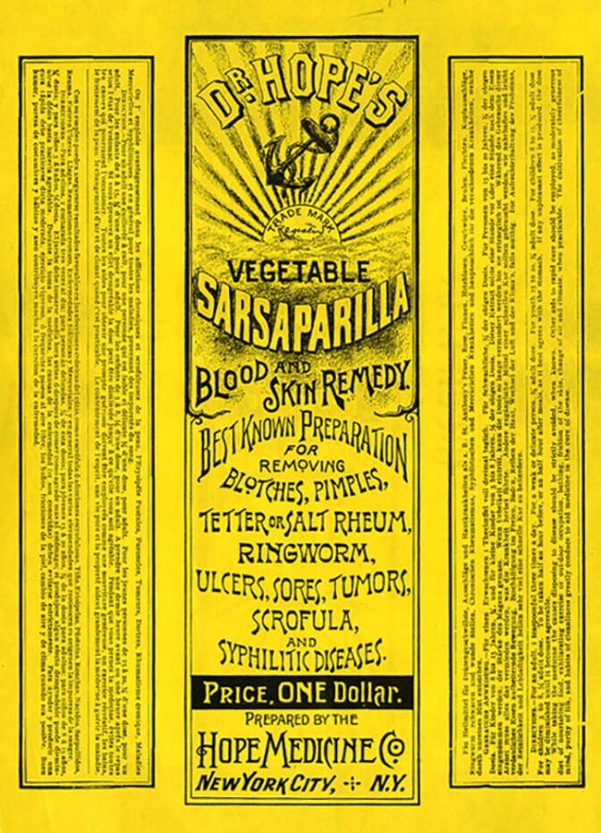 "Dr. Hope's Vegetable Sasparilla" label, 1896 | California State Archives