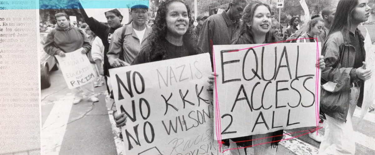 People holding up signs that say "No Nazis, No KKK, No Wilson" and "Equal Access for All" protesting Prop 187. | Still from "187"