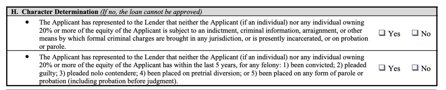 Questions on the Federal Paycheck Protection Program about "Character Determination"