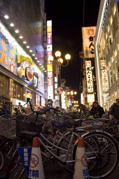 The lit signs of restaurants and shops along Dotonbori.