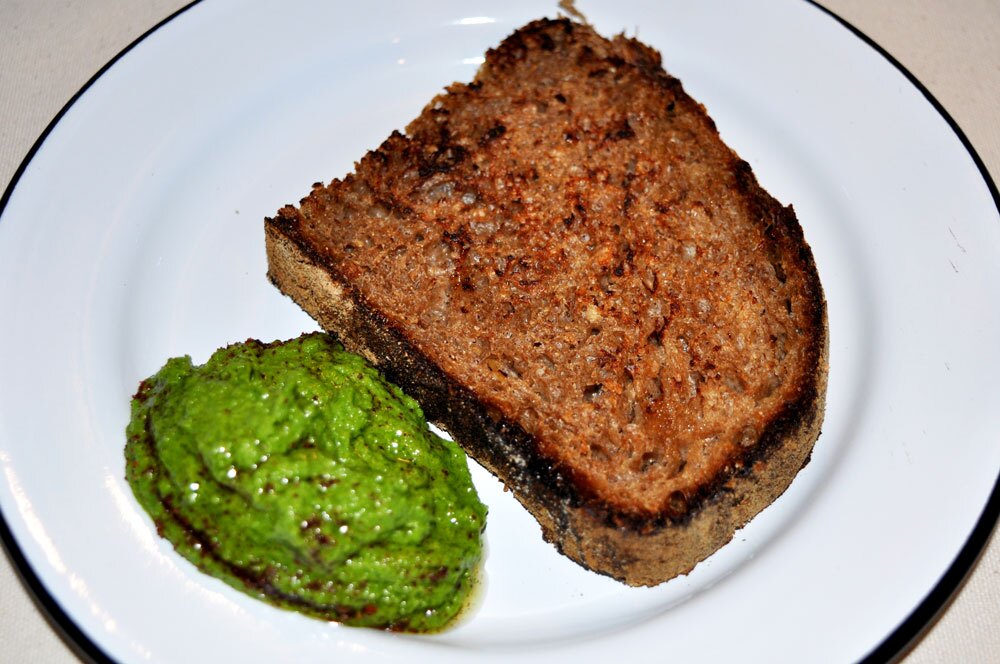 Cricket sourdough bread and drought-wilted whipped kale paté) Making the Best of It, garden tasting and dinner at the Mildred Mathias Botanical Garden, UCLA, 2018 | Barron Bixler