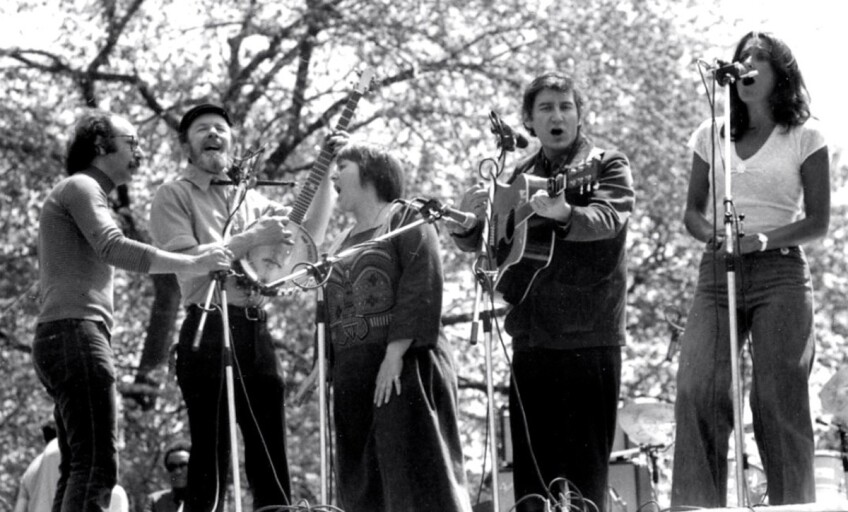 Barbara Dane singing at a rally with Pete Seeger and Joan Baez | Courtesy of the Barbara Dane Legacy Project