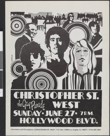 Poster for the 1972 Christopher Street West gay parade, 1972. | Christopher Street West/Los Angeles, ONE National Gay and Lesbian Archives, USC Libraries