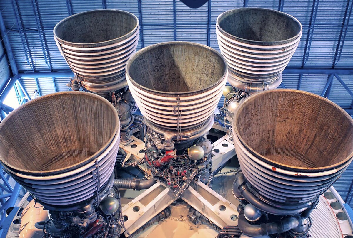 Rocketdyne’s massive F-1 engines of the Saturn V's first stage on display inside the Apollo/Saturn V Center at the Kennedy Space Center Visitor Complex. | Courtesy of Google/Wendy Wang, via NASA